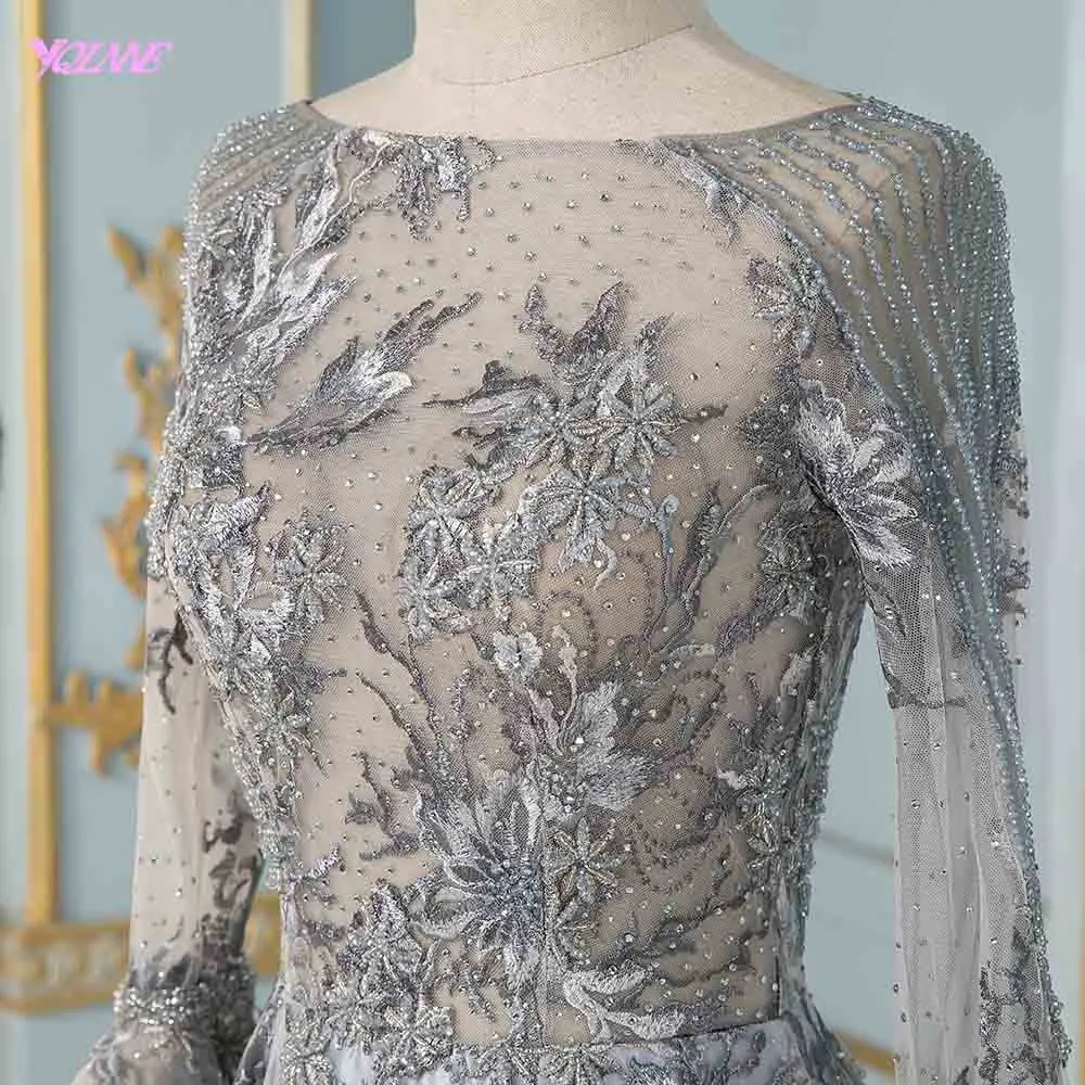 Elegant Gray Full Sleeve Embroidery Evening Dress Long Beaded Formal Gown Aline Dresses | Свадьбы и торжества