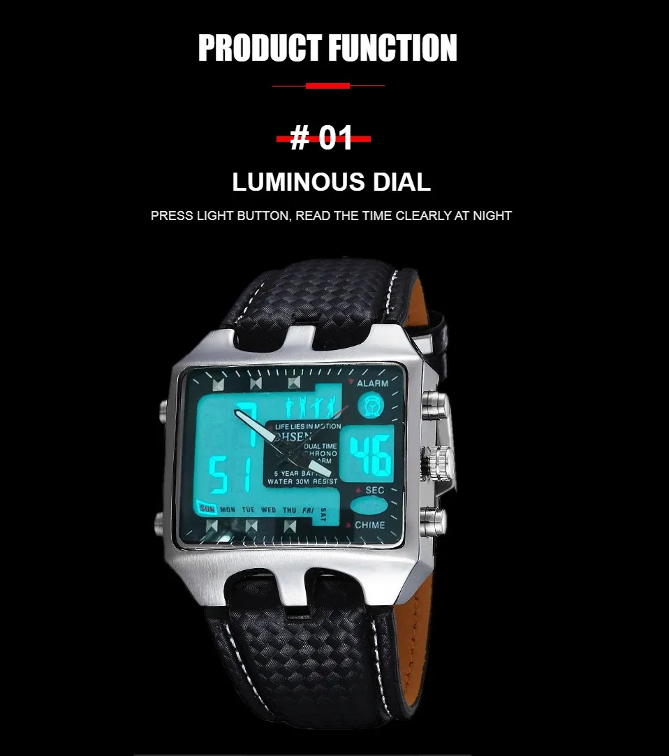Fashion Sport Quartz Watch Men Black Rectangel Dial Military Digital Watches Dual Time 5 Bar Waterproof  Clock Relogio Masculino