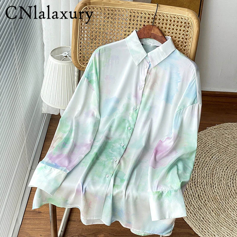 CNlalaxury 2022 New Tie Dye Satin Shirt Woman Oversize Button Up Long Sleeve Autumn Blouse Loose Casual Streetwear Blusas Top | Женская