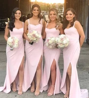 2022 pink long bridesmaid dresses sexy spaghetti straps high leg split formal dress wedding maid of honor prom gown plus size