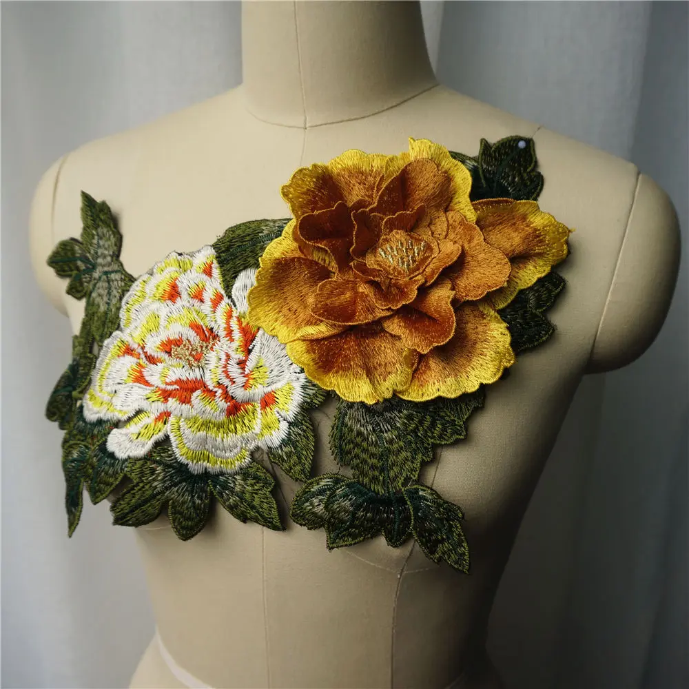 Желтое 3D пионовое цветочное искусственное многослойное вышитое платье с