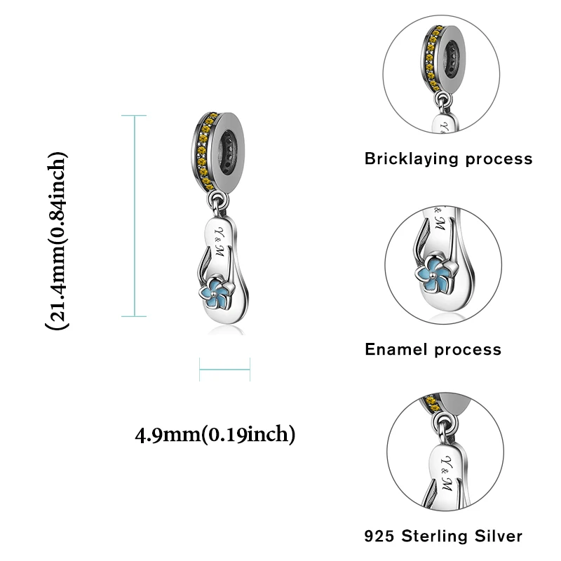 100% 925 стерлингового серебра с подвеской шлепанцов бусины Голубая Эмаль