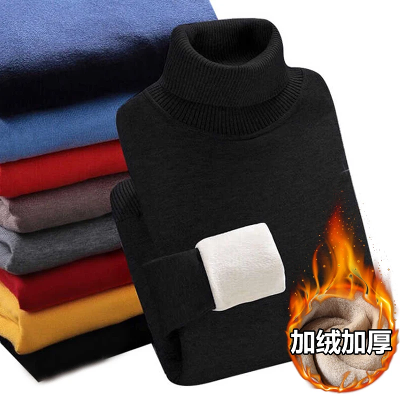 

2020 Winter Super Warm Sweater Men's Turtleneck Slim Soft Fleece Pullover Solid Knitted Plus gold velvet thickening Sweater Men