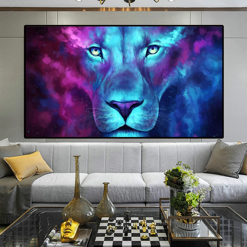 

Abstract Color Planet Glowing Lion Posters and Prints Canvas Paintings Wall Art Pictures for Living Room Decor (No Frame)
