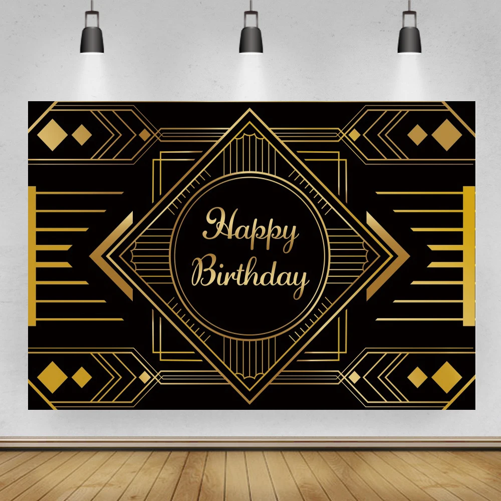 

Gatsby Pattern Happy Birthday Backdrop Photography Black Golden Customize Adult Birthday Party Wine Table Decor Background Vinyl