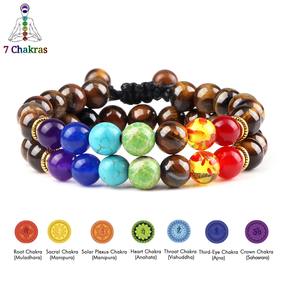 

2Pcs/set Couple Braid Knot 7 Chakra Healing Natural Stone Tiger Eye Beaded Bracelets Men Women Meditation Reiki Buddha Jewellery