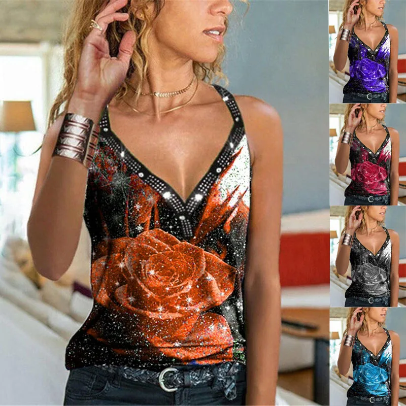 

Women Print T-Shirt Sleeveless Tops Casual V-Neck Camisole Sexy Vest Fashion Loose Tank Tops Plus Size Summer Vest Streetwear