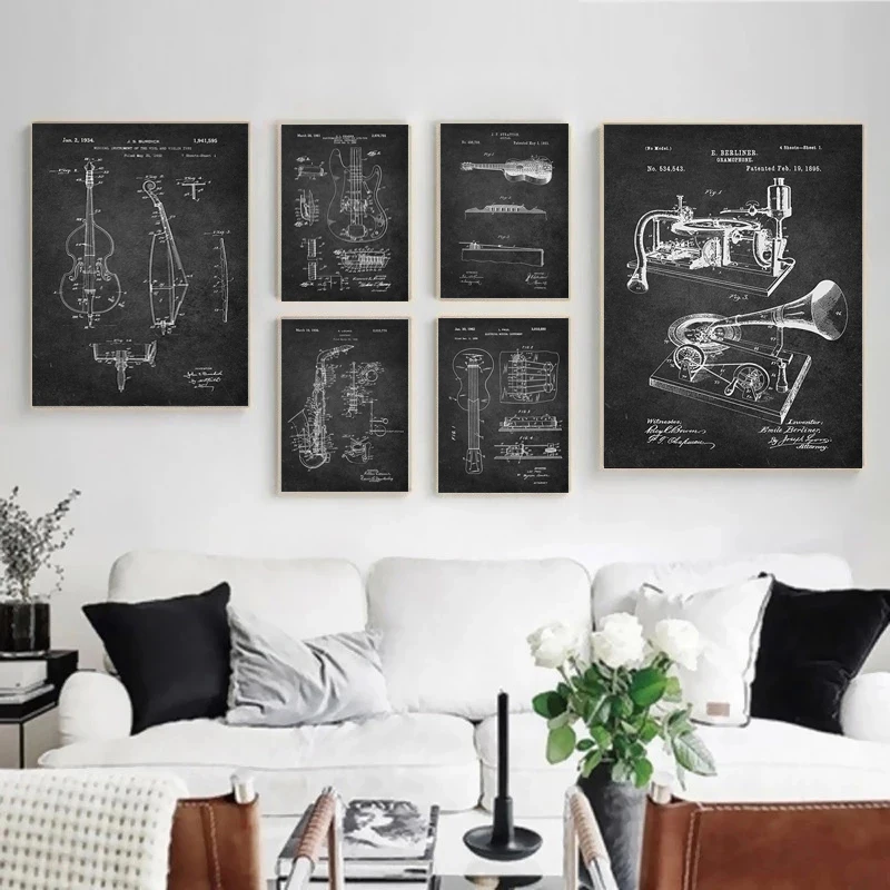 

Vintage Canvas Painting Black White Musical Instrument Detailed Drawing Guitar Violin Modern Wall Art Living Room Decor Poster