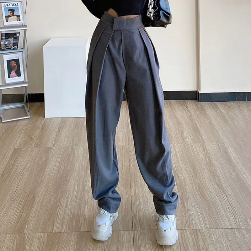 

[DEAT] High Elastic Waist Gray Ruched Streetwear Long Trousers New Loose Fit Pants Women Fashion Tide Spring Autumn 2021 GX60