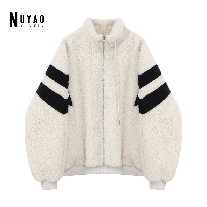 

Women Jacket Fashion New Loose Lamb wool Stitching Fur Oversize Hoodies Thick Harajuku Bomber Faux Lambs Coat Fleece Streetwear