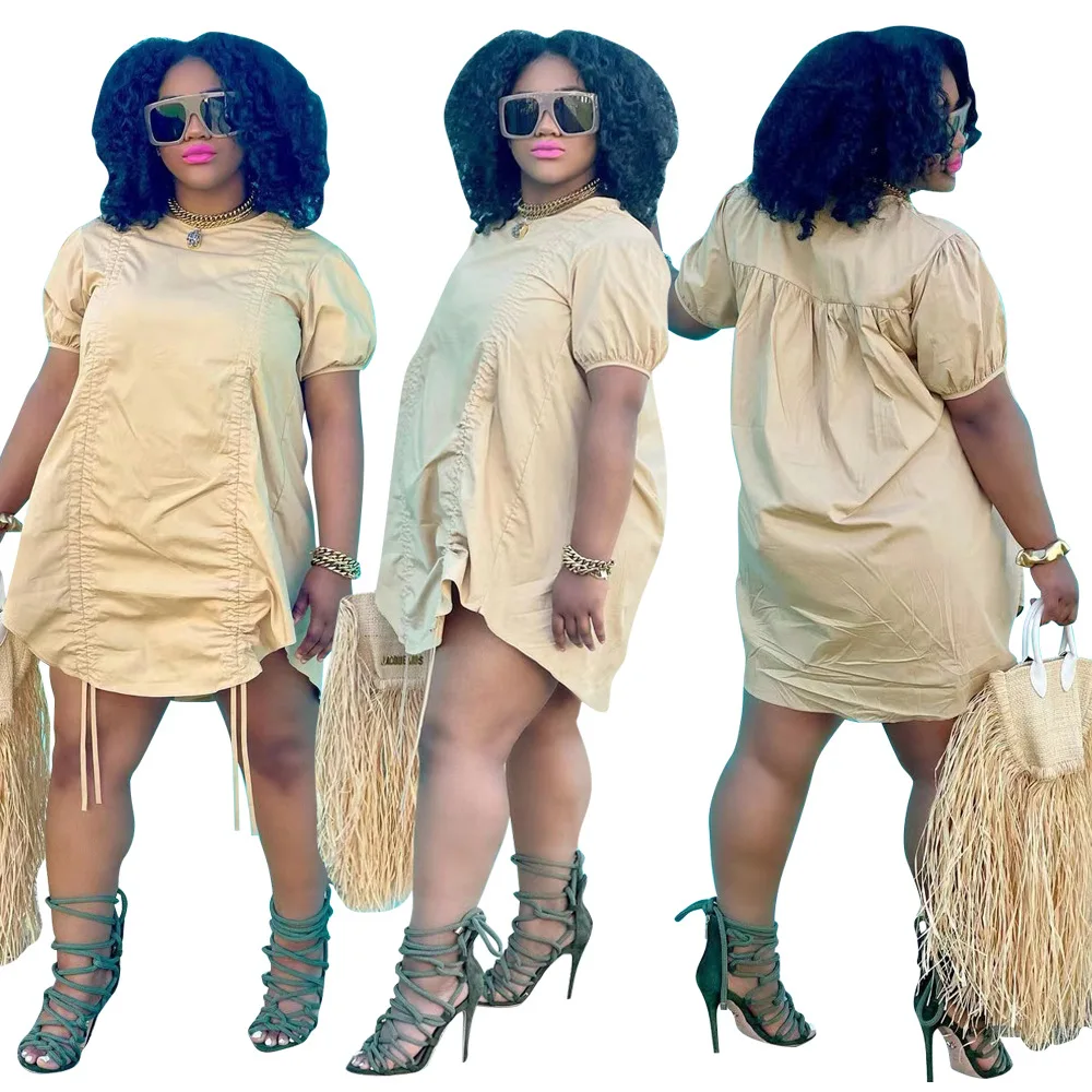 

RStylish Summer 2021 Solid Color Round Neck Short Sleeve Loose Fit Casual Drawstring Women Mini Dress