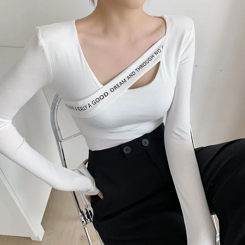 

T Shirt Korean Style Slim T-shirts 2021 Sexy Tshirts Cotton Long Sleeve Autumn Tops Tight Tee Shirt Femme Winter White Black