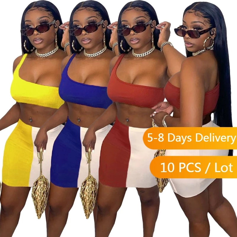 

Bulk Items Wholesale Lots Two Piece Skirt Set Women Summer Crop Top + Mini Skirt Set Contrast Patchwork Bodycon Matching Outfits