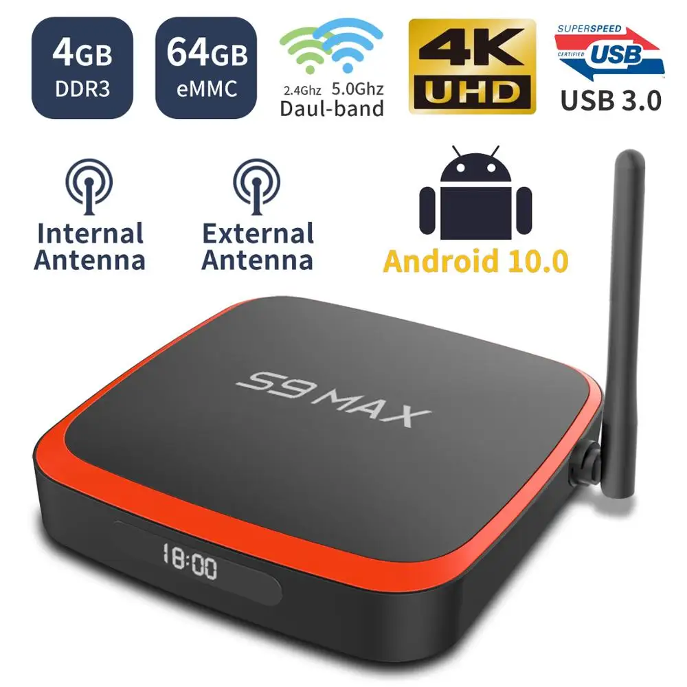Смарт ТВ-приставка S9 MAX Android 10 RK3318 HD 4K медиаплеер 4 ГБ 64 2 ГГц 5 8 Wi-Fi с антенной Google