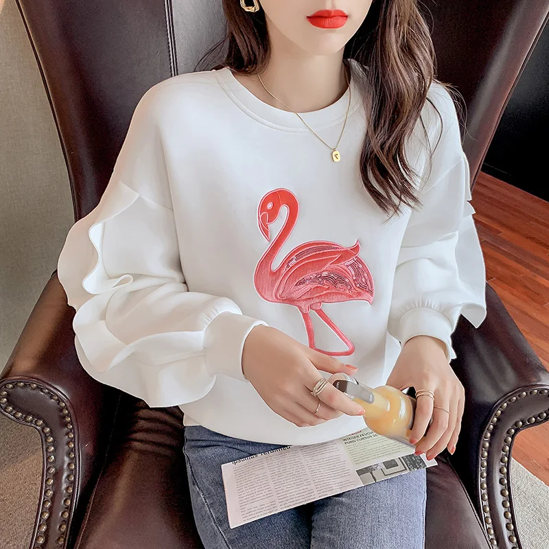 

Осенне-зимние элегантные толстовки с длинным рукавом флисовые шикарные толстовки с круглым вырезом и вышивкой корейский Модный повседневн...