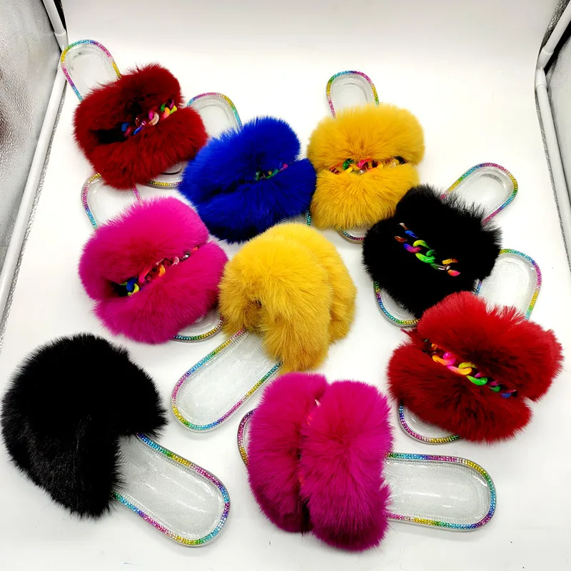 

2021 Popular Summer New Transparent Sole Women Slippers Rainbow Chain Flat Shoes Outdoor Furry Faux Fur Sandals Female Slides