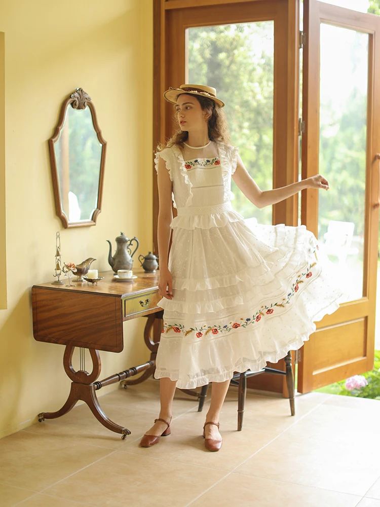 

White Dress Women Dress Summer Vintage Elegant Slim Mori Girls Long Dress Korean Sweet French Embroidery Lace Mesh Midi Dress