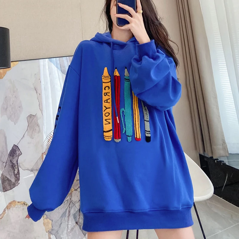 

Женская бархатная утепленная блузка с вышивкой, свободный свитер средней длины большого размера с капюшоном, Осень-зима 2021