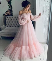 elegant pink long sleeve arabic evening dress off the shoulder tulle a line floor length prom dresses elegant formal occasion