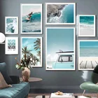 Пляжная волна, девушка, серфинг, пальмы, настенное искусство, холст, живопись, скандинавские плакаты и принты, настенные картины для декора гостиной