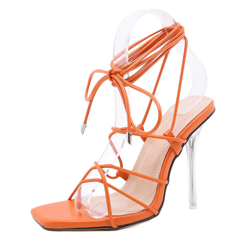 

Sexy Clear Crytal Hak Vrouwen Pompen Ankle Cross Strap Sandalen Schoenen Vrouw Dames Vierkante Teen Hoge Hakken Dress