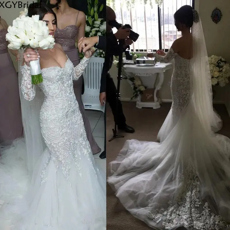 

Великолепные кружевные свадебные платья-русалки с открытыми плечами 2022, фатиновая юбка с длинными рукавами и аппликацией, свадебные платья...