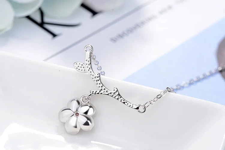

925 Sterling Silver Sakura Flower Necklaces & Pendants Cherry Blossoms With Chain Choker Necklace Wedding Jewelry Collar Colar