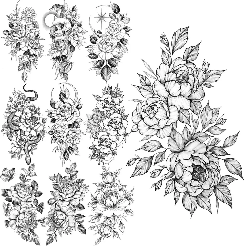 

Small Peony Blooming Temporary Tattoos For Women Adults Realistic Skull Snake Flower Moon Fake Tattoo Sticker Arm Waist Tatoos