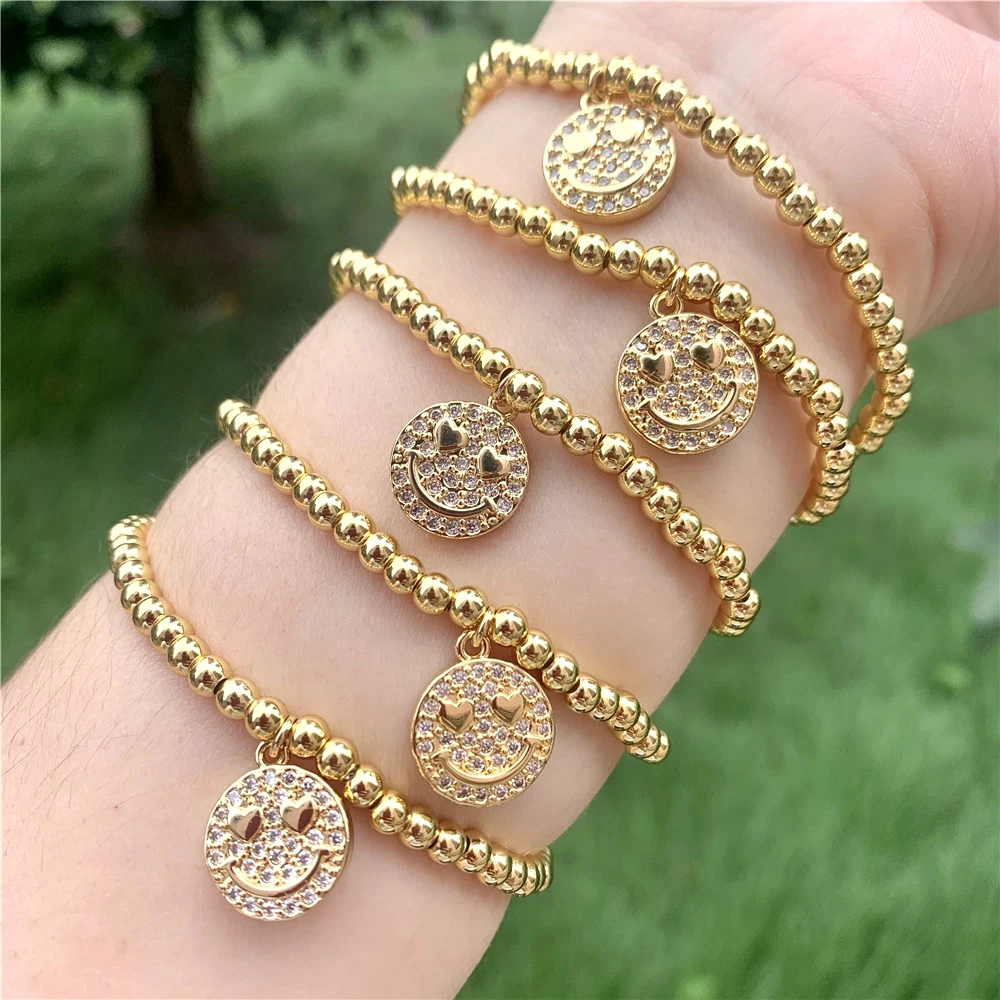 

6Pcs,High quality gold plated copper beads bracelet, fashion cz happy face shaped charm Elastic beacelet jewelry