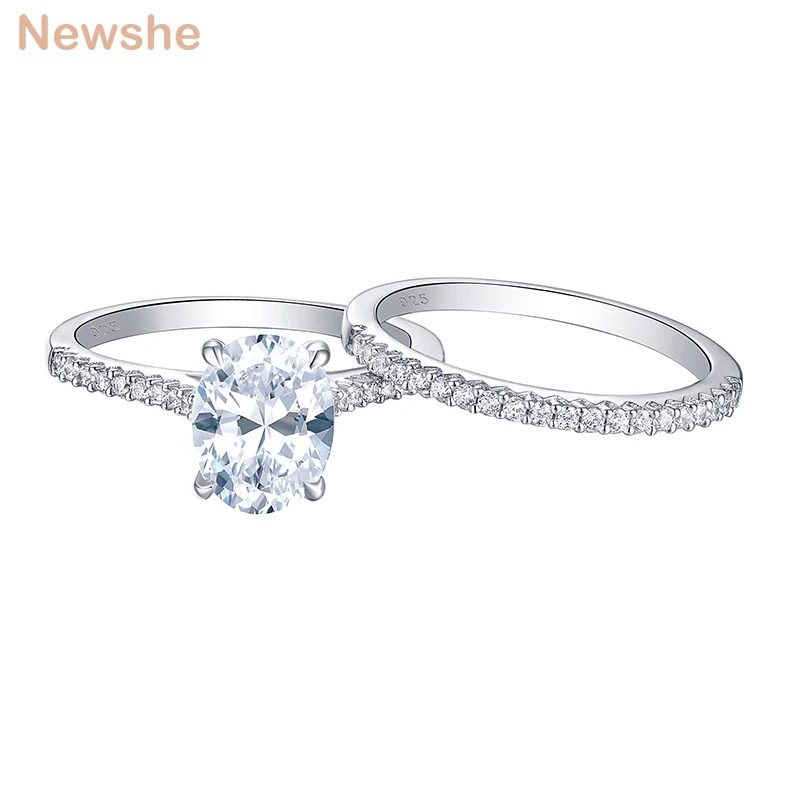 

Newshe 2 Pieces 925 Sterling Silver Wedding Rings Set 1.9Ct Oval Shape AAAA Zircon Jewelry Engagement Ring Straight Band BR0943