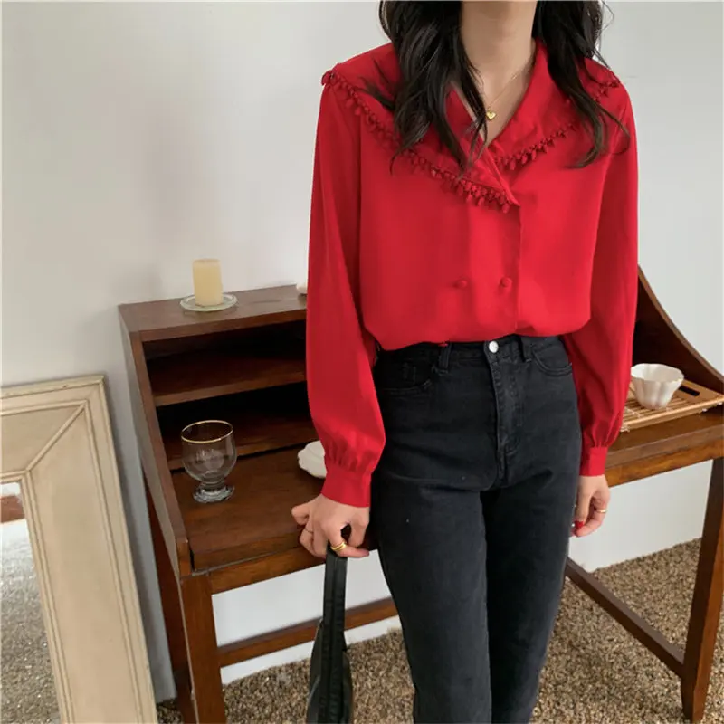 

HziriP Red Solid Chic Vintage Elegance Slim Lace All Match Streetwear 2020 Casual Women Full Sleeves Brief Loose OL Shirts