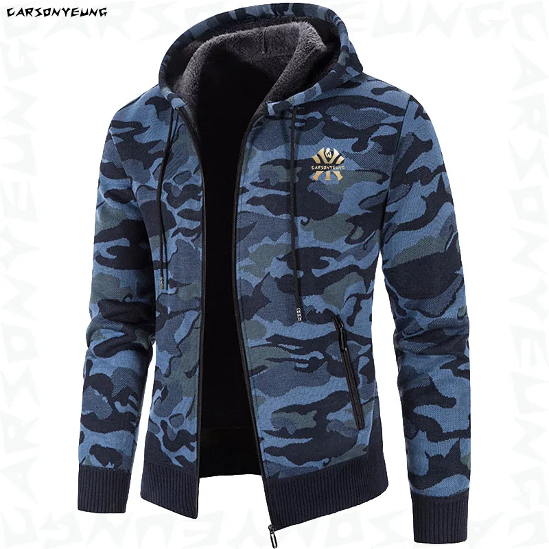 Мужской Камуфляжный кардиган теплый шерстяной свитер с капюшоном на молнии в