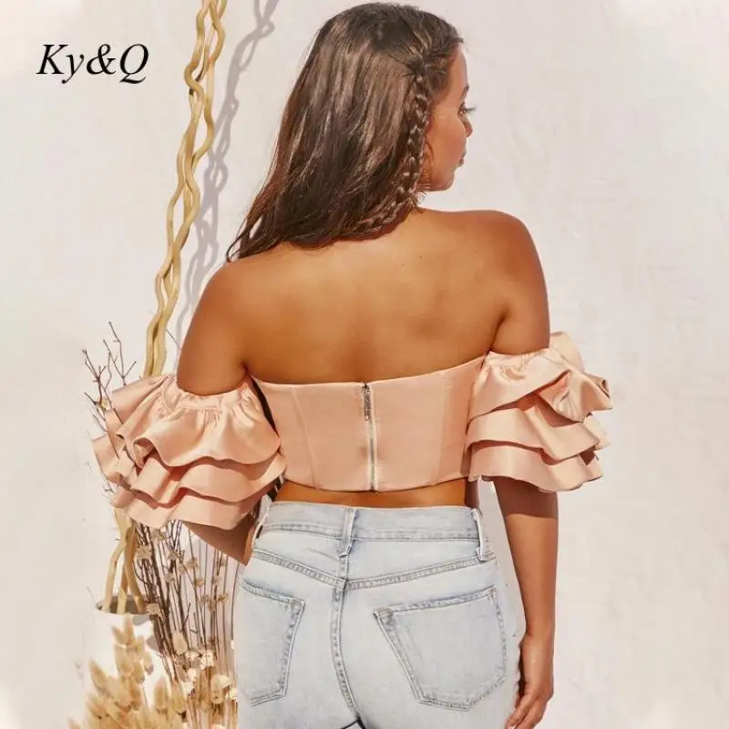 Атласный корсет-бюстье топ женские рубашки с оборками и рукавами-фонариками