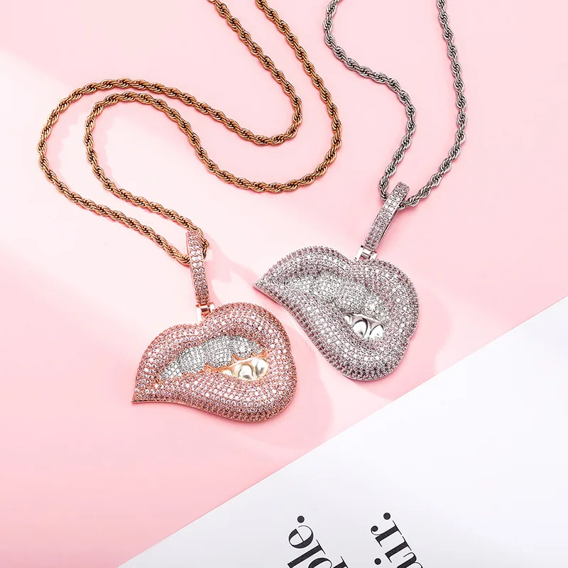 

Shining 2 Color Biting Lips Pendants Necklaces Iced Out Cubic Zircon Necklaces Hip Hop Teeth Sign Collier Jewelry Gift