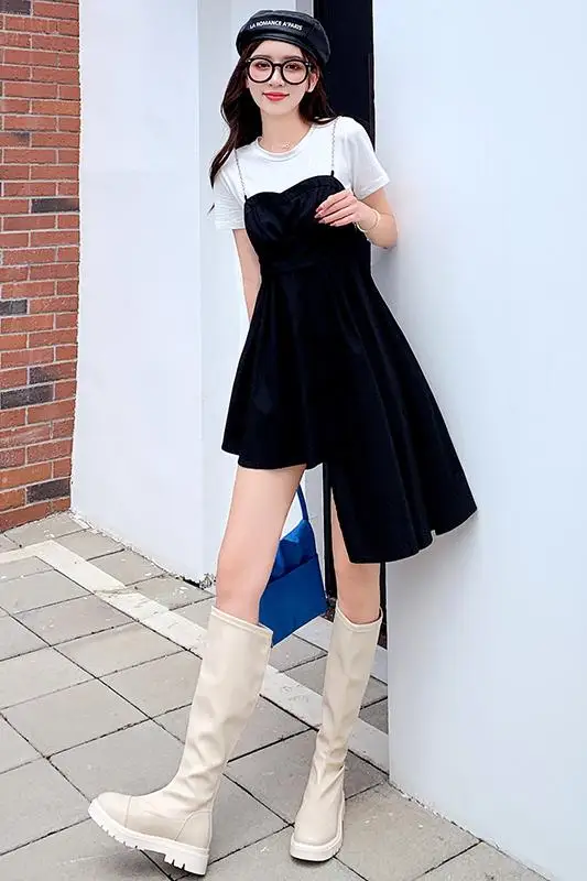 

COIGARSAM Women Mini dress Summer Spaghetti Strap Zipper Dresses Black White 2330