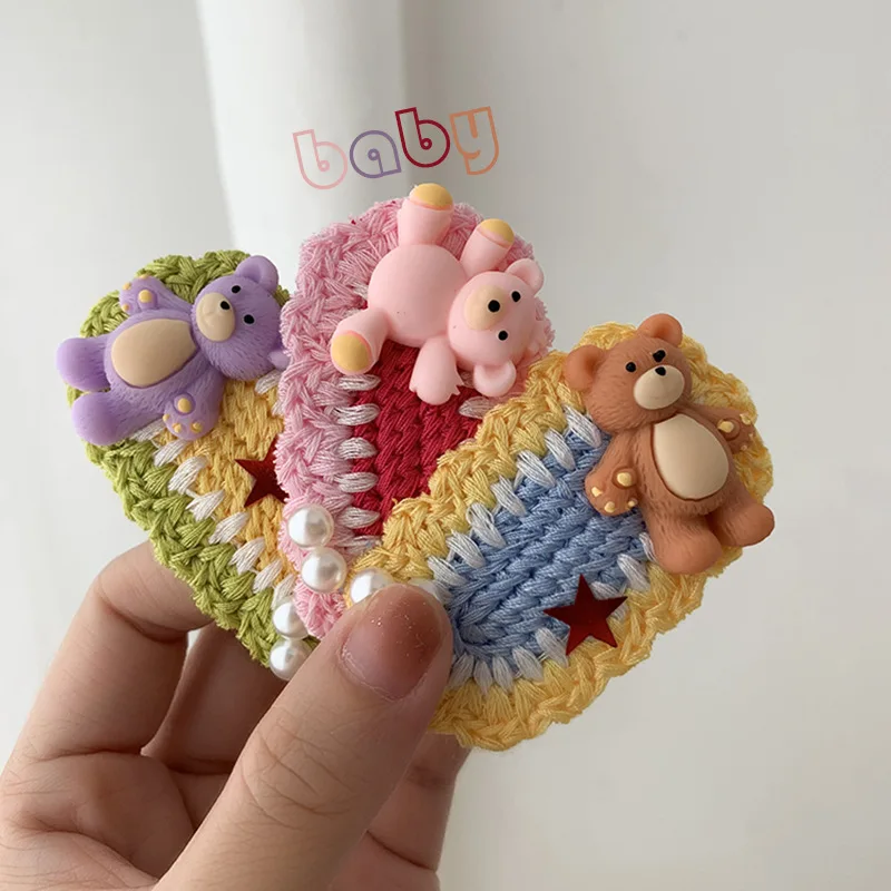 

Candy color clip cute bear knitted hair accessories pearl hairpin accessories