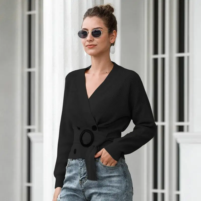 Свитера женские пуловеры с модной ременной v-образным вырезом свитер ремешком и