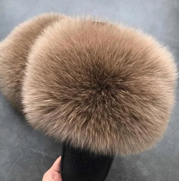 Женские милые тапочки с лисьим мехом Новое поступление шлепанцы однотонные