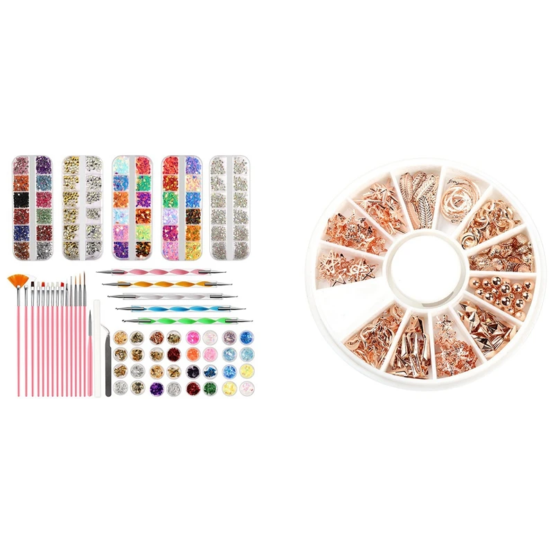 

1 Box Rose Gold Star Moon Studs Seastar Shell Beads with Nail Tools Set Nail Tool Nail Art Pen