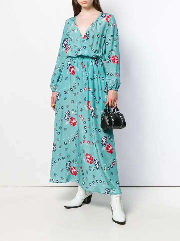 

Dress Spring/Summer Women 2021 New Dress Fashion Casual Print Blue Loose V-neck Long Sleeve Midi Dress