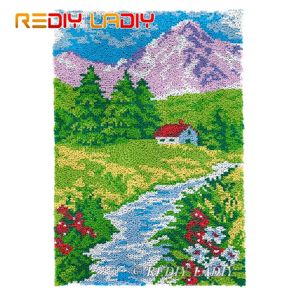 

Latch Hook Kits Country Scenery DIY Carpet Rug Lush Tapestry Kits Chunky Yarn Knitted Floor Mat Crochet Cushion Crafts 56*87cm