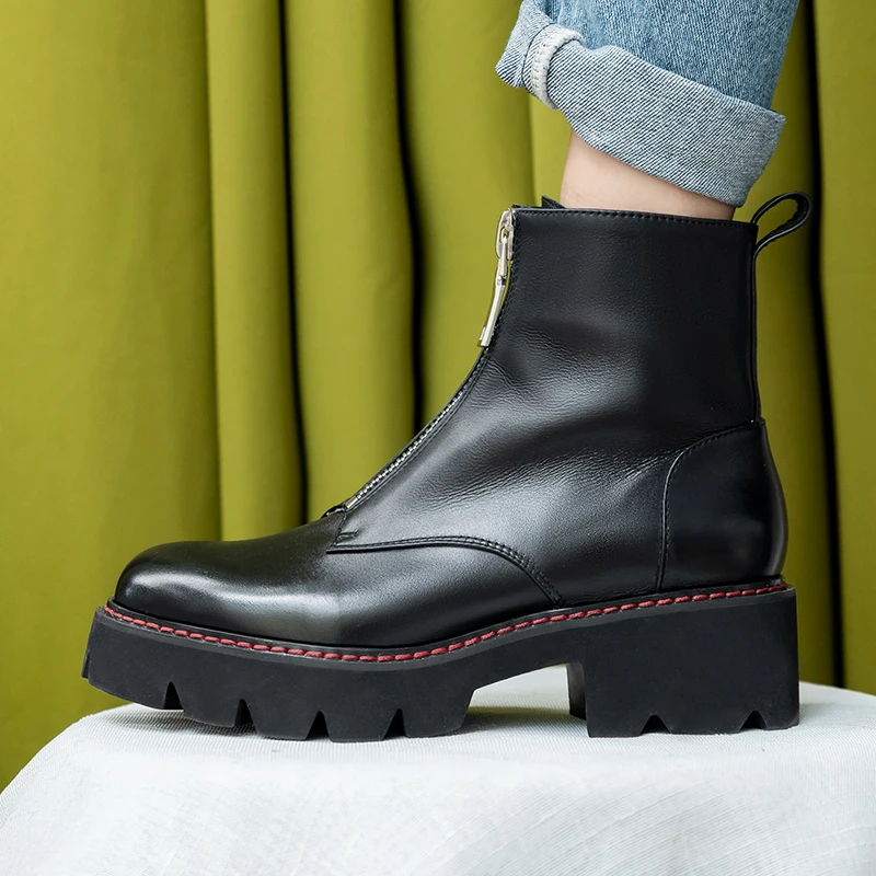 Женские ботинки; ботинки из натуральной кожи; черные ботинки Martens; женские ботильоны; мотоботы; зимняя обувь на платформе и толстом каблуке