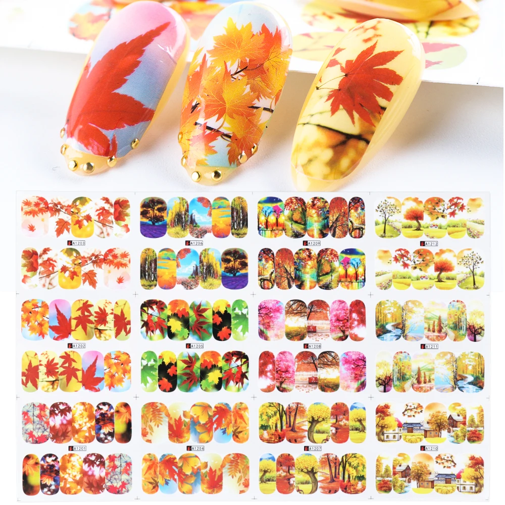 12 шт. осенние наклейки в виде листьев для ногтей Золотая осень кленовый слайдер