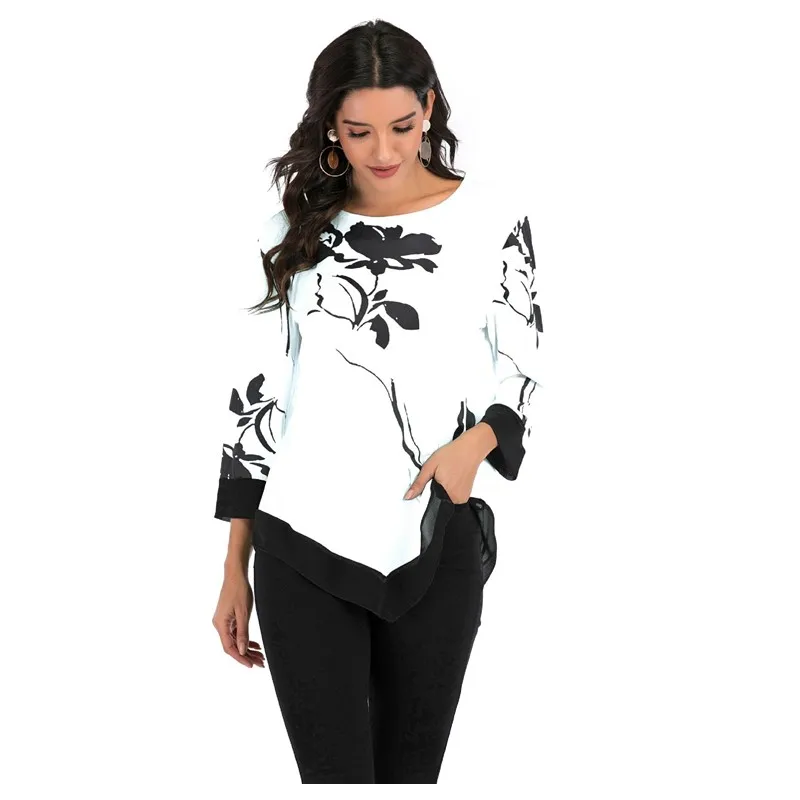 

New 2020 Shirt Women Spring Summer Floral Printing Blouse 3/4 Sleeve Casual Hem Irregularity Female fashion shirt Tops Plus Size