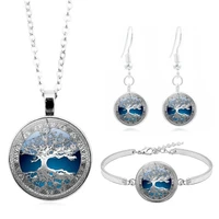 celtic tree of life glass cabochon necklace stud earrings bracelet bangle set totally 4pcs womens fashion jewelry creative gift