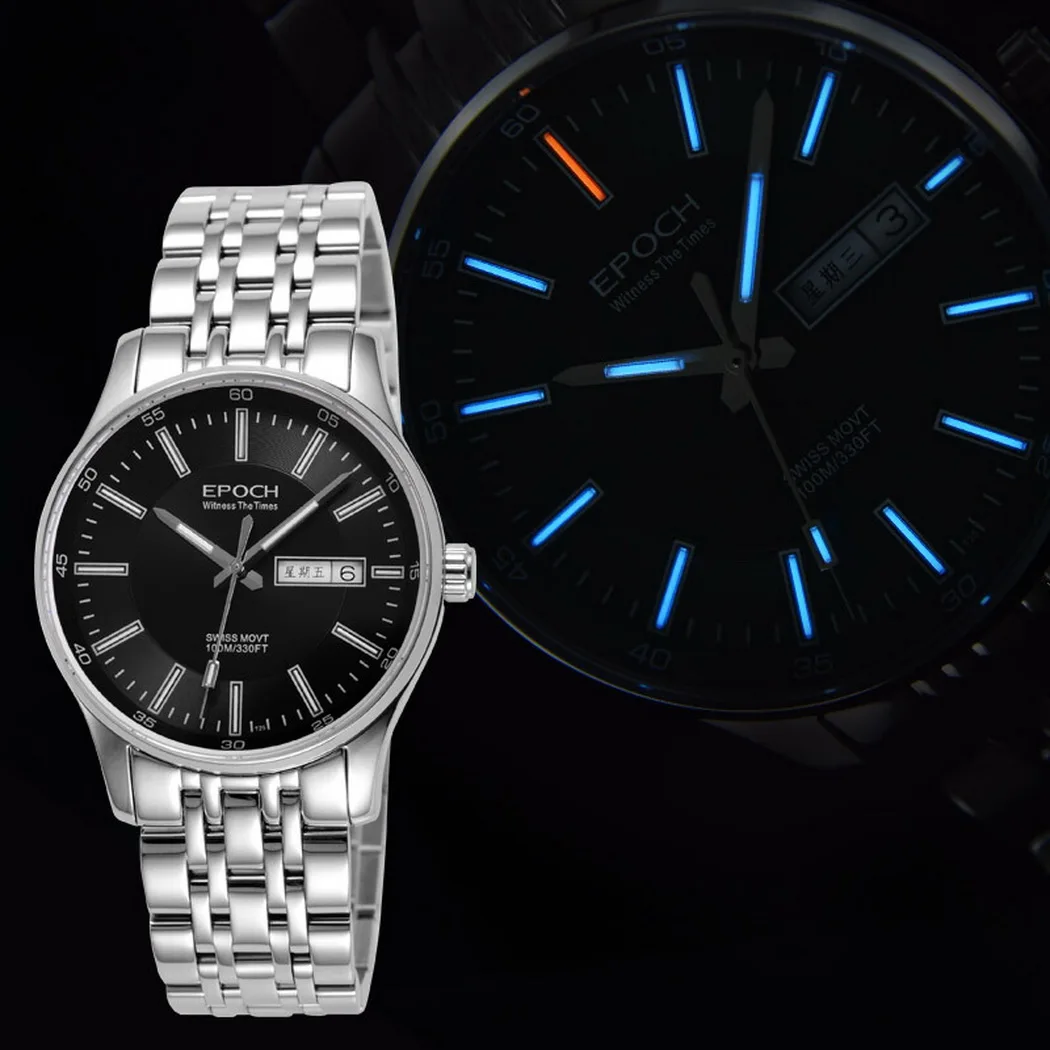 Роскошные мужские часы EPOCH с Тритием T25 светящиеся деловые кварцевые наручные 100 м
