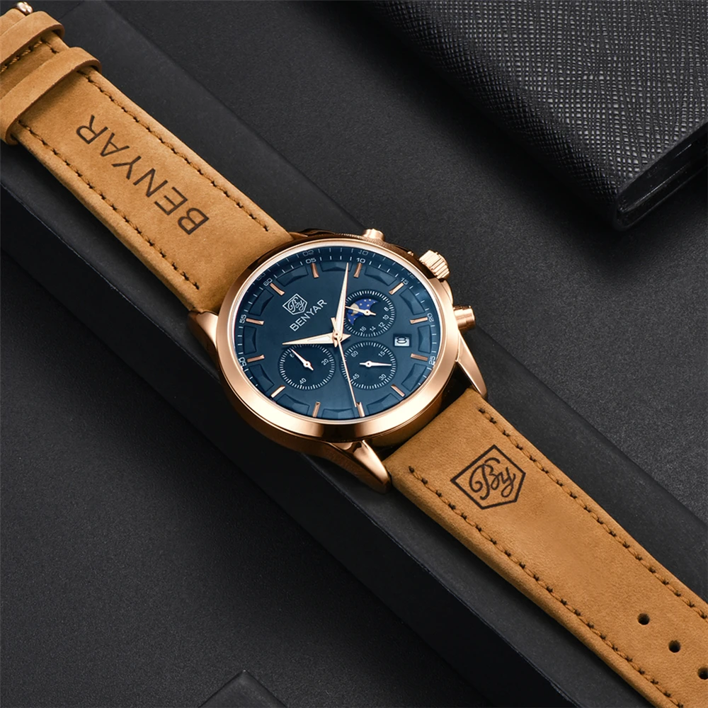 2021 Benyar New Fashion Brand Men's Luxury Quartz Watch High Quality Waterproof Leather Luminous Pointer Watch Relogio Masculino