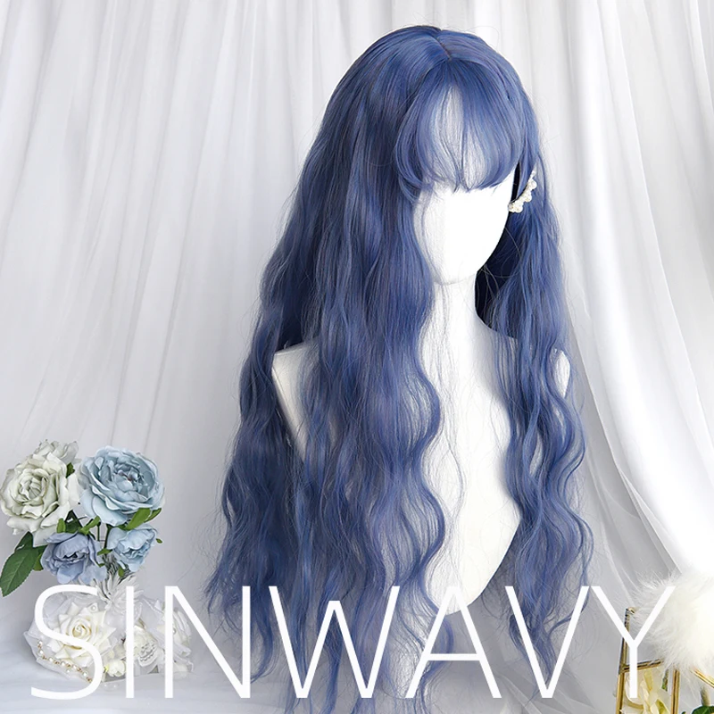 Mixed Purple Blue Lolita Wig Harajuku Fairy Cosplay Bangs Curly 65cm Long Sweet Fringe Adult Girls Synthetic Hair