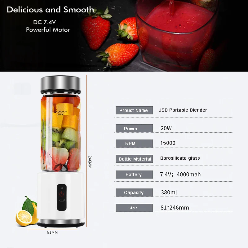 380ml 4000mAh USB Rechargeable Portable Glass Cup Personal Mini Blender Juicer Vegetable Fruit Citrus Orange Juice Maker Mixer