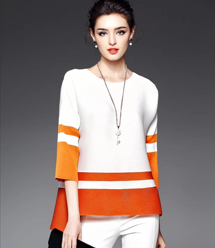 

2019 Spring and Autumn New Fashion Casual 7-sleeve Pleated T-shirt Color Block Print Stripe Top Women Plus Size Women Tshirt